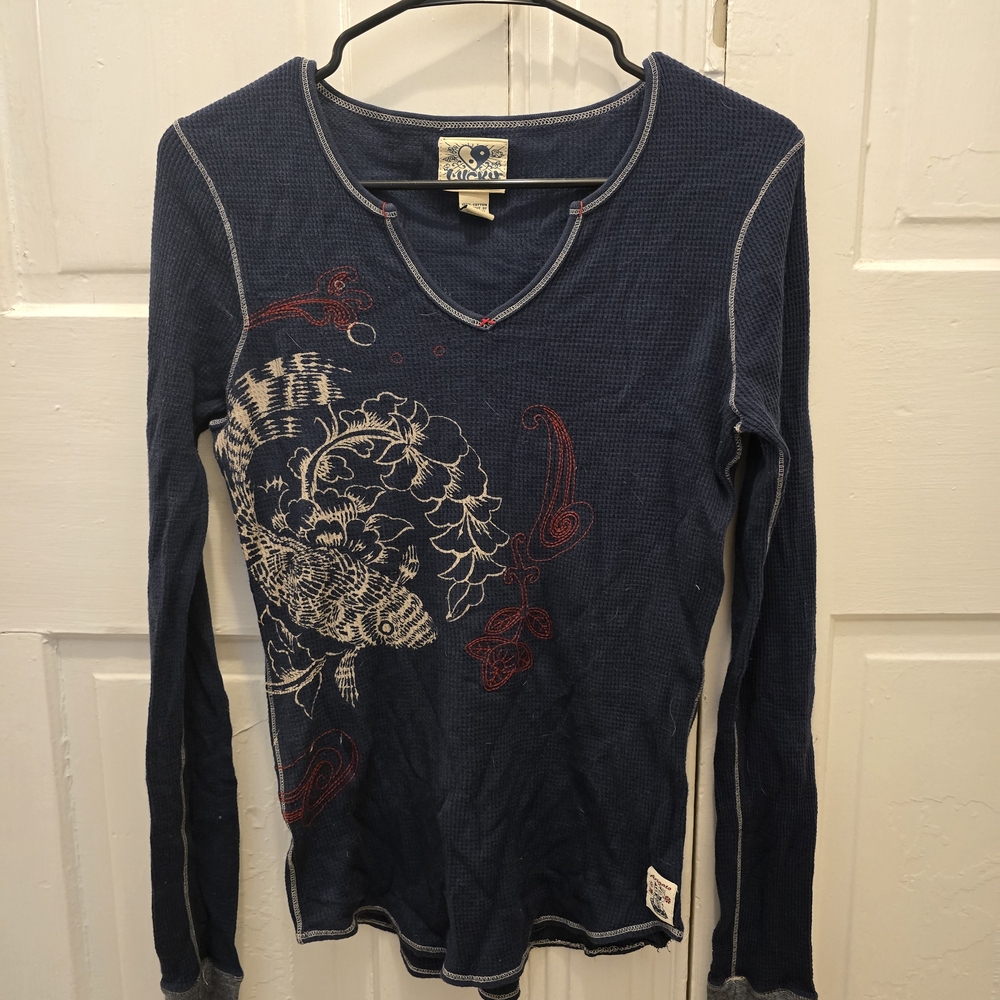 Lucky Brand Dark Blue Koi Fish Design Long Sleeve Top